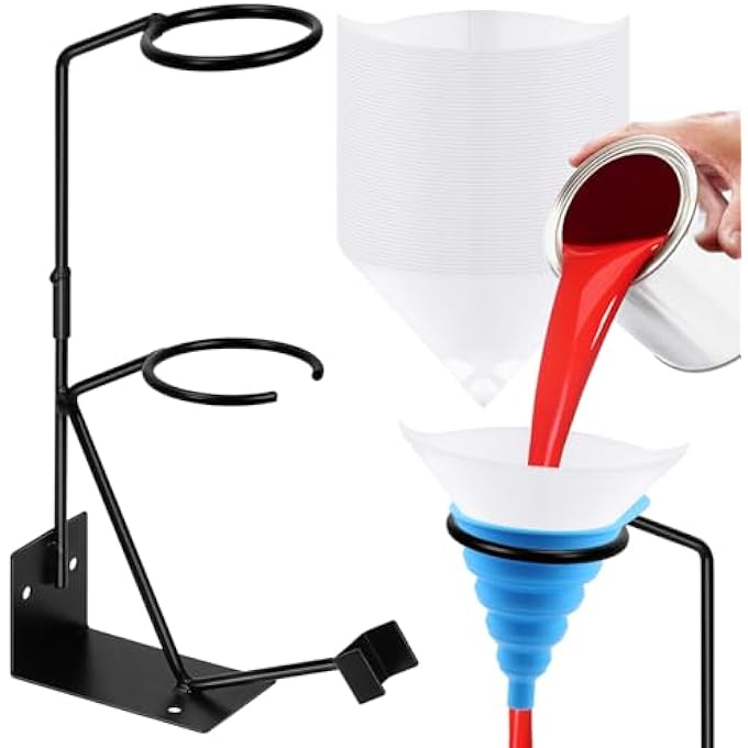 Tanstic 52PCS GRAVITY FEED GUN HOLDER STAND WITH SILICONE FUNNEL AND PAINT STRAINERS KIT, GRAVITY FEED PAINT SPRAY GUN HOLDER STAND WITH STRAINER HOLDER, WALL OR BENCH MOUNT - Image 1